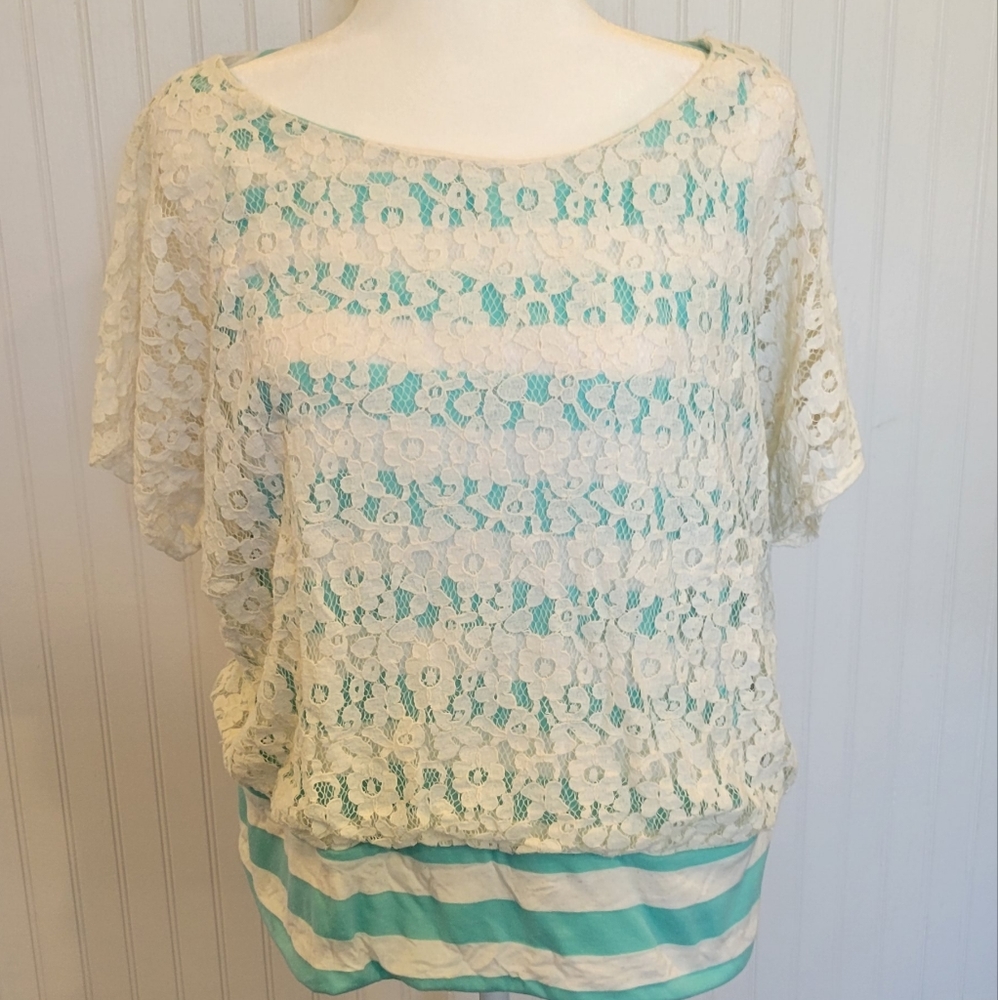 Ab studio, xl teal and off white blouse with an off white lace overlay